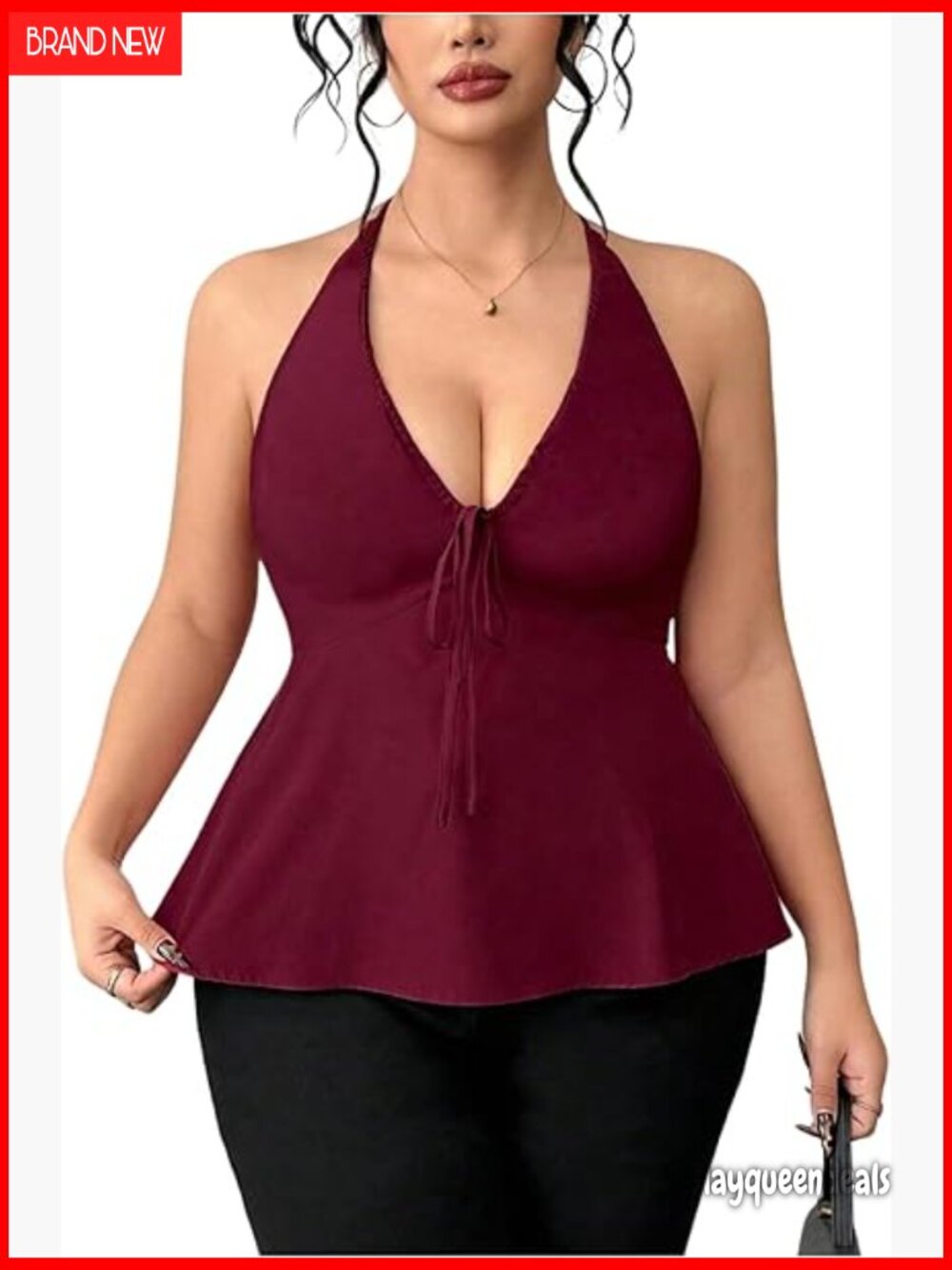 Plus Size Peplum Halter Top V Neck Tie Back Sleeveless Ruffle Going Out Top